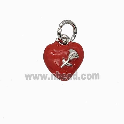 Copper Heart Pendant With Rose Flower Red Enamel Platinum Plated