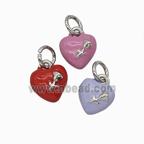 Copper Heart Pendant With Rose Flower Enamel Platinum Plated Mixed