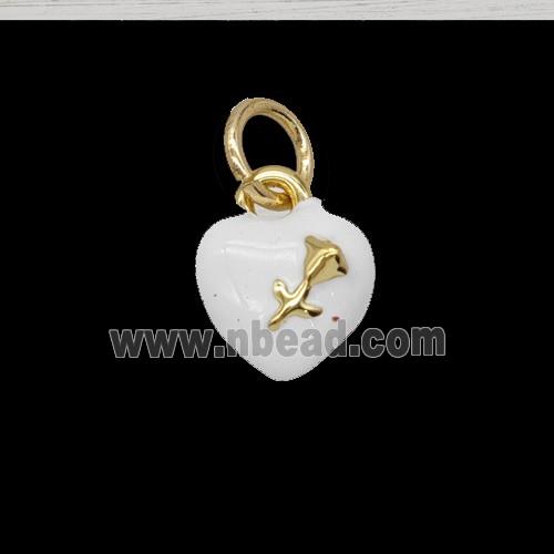 Copper Heart Pendant With Rose Flower White Enamel Gold Plated