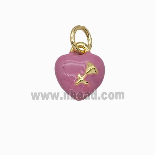 Copper Heart Pendant With Rose Flower Pink Enamel Gold Plated