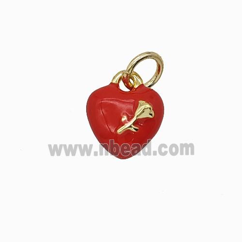 Copper Heart Pendant With Rose Flower Red Enamel Gold Plated