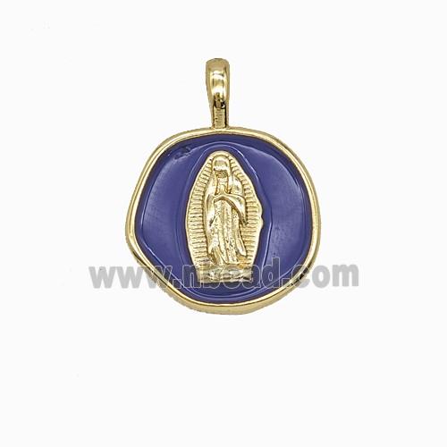Copper Virgin Mary Pendant Purple Enamel Gold Plated