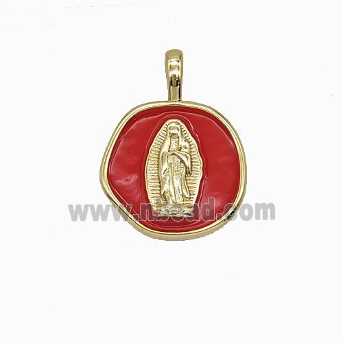 Copper Virgin Mary Pendant Red Enamel Gold Plated