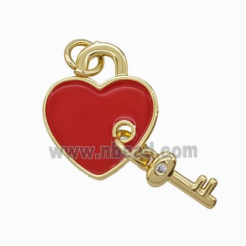 Copper Heart Lock Key Pendant Red Enamel Gold Plated