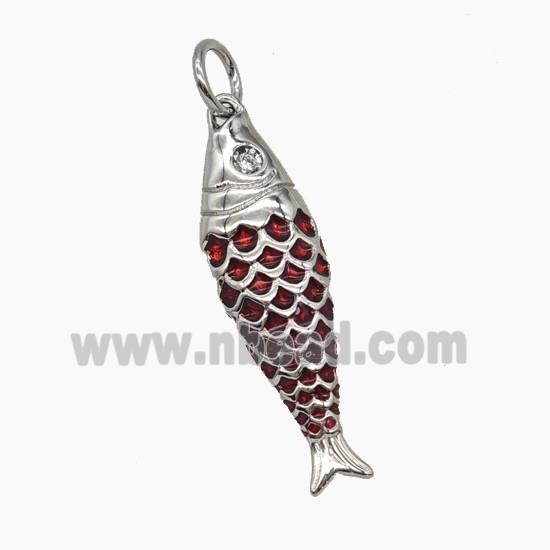 Copper Fish Pendant DarkRed Enamel Platinum Plated