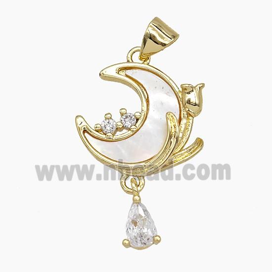 Copper Moon Pendant Pave Shell Tulip Gold Plated