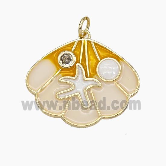 Copper Scallop Shell Pendant Pave Zirconia Enamel Gold Plated