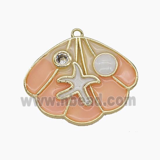 Copper Scallop Shell Pendant Pave Zirconia Pink Enamel Gold Plated
