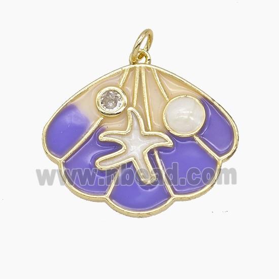 Copper Scallop Shell Pendant Pave Zirconia Lavender Enamel Gold Plated