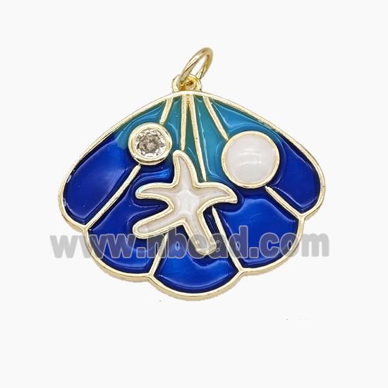 Copper Scallop Shell Pendant Pave Zirconia Royalblue Enamel Gold Plated