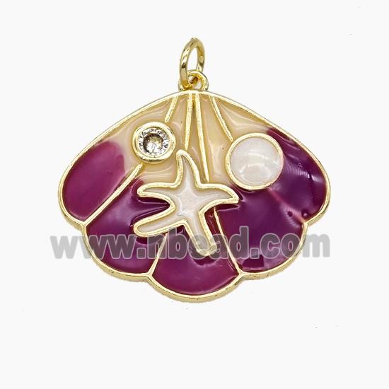 Copper Scallop Shell Pendant Pave Zirconia Purple Enamel Gold Plated
