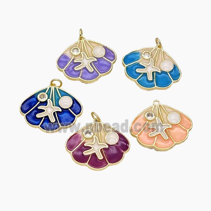 Copper Scallop Shell Pendant Pave Zirconia Enamel Gold Plated Mixed