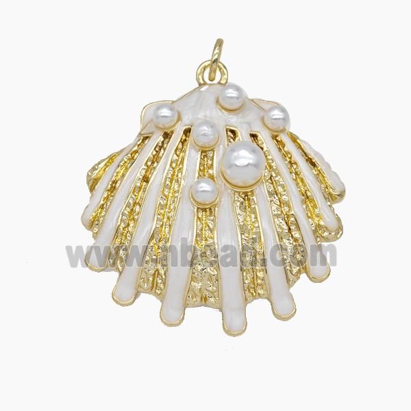 Copper Scallop Shell Pendant Pave Resin White Enamel Gold Plated