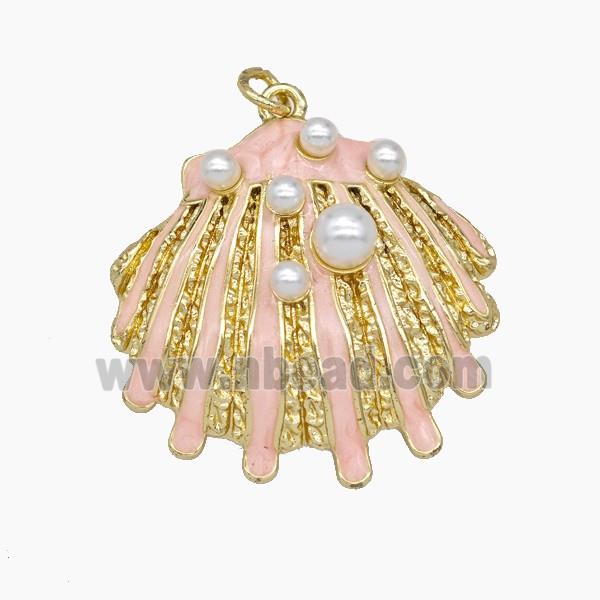Copper Scallop Shell Pendant Pave Resin Pink Enamel Gold Plated