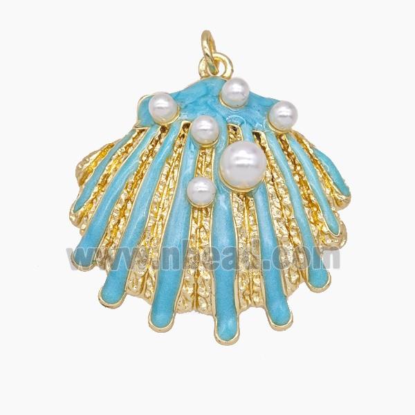 Copper Scallop Shell Pendant Pave Resin Turqblue Enamel Gold Plated