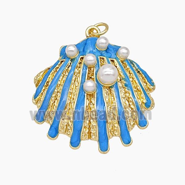 Copper Scallop Shell Pendant Pave Resin Blue Enamel Gold Plated