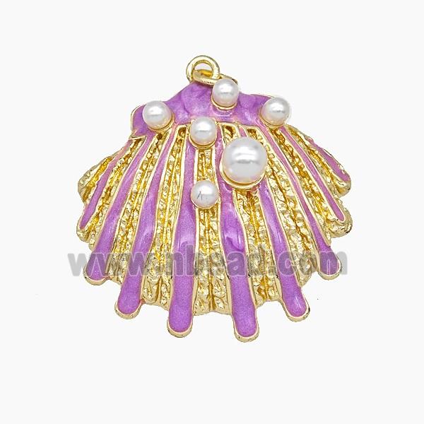 Copper Scallop Shell Pendant Pave Resin Lavender Enamel Gold Plated