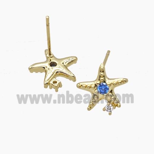Copper Starfish Stud Earrings Pave Zirconia Gold Plated