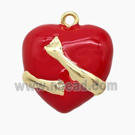 Copper Heart Pendant Red Enamel Embrace Gold Plated