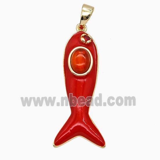 Copper Fish Pendant Pave Jade Red Enamel Gold Plated