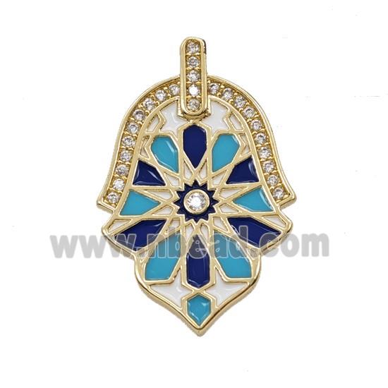 Copper Hamsahand Pendant Pave Zirconia Enamel Gold Plated