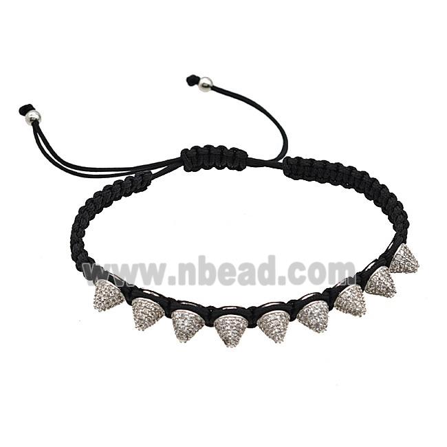 Black Nylon Braided Bracelet With Copper Spike Studs Pave Zirconia Adjustable