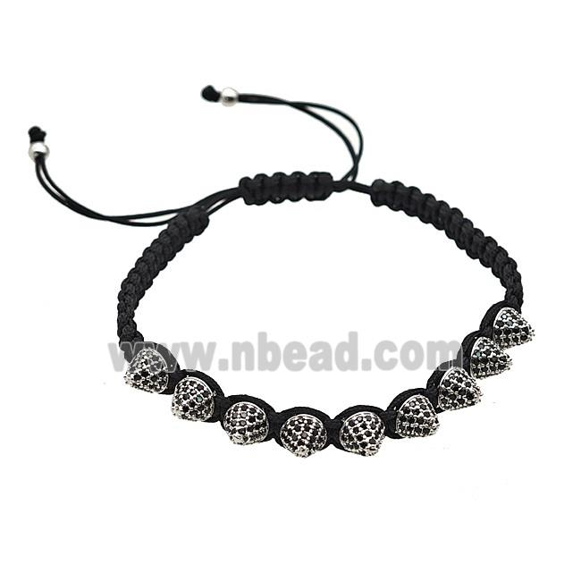 Black Nylon Braided Bracelet With Copper Spike Studs Pave Zirconia Adjustable