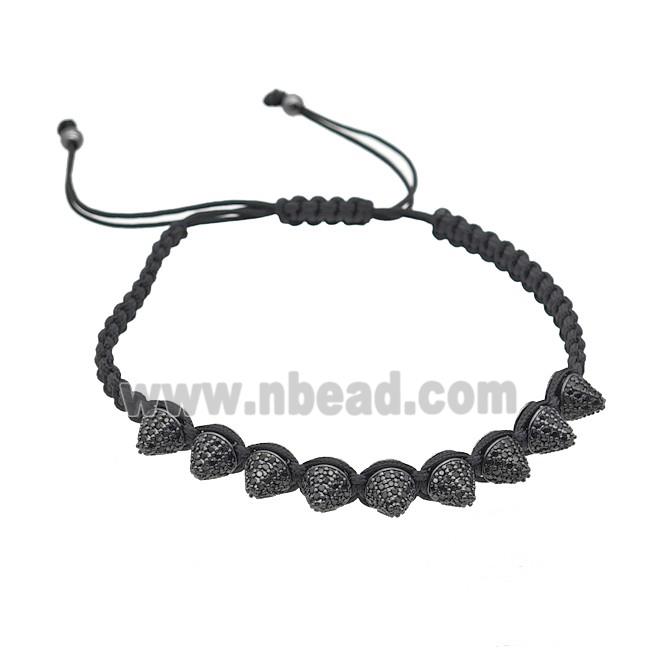 Black Nylon Braided Bracelet With Copper Spike Studs Pave Zirconia Adjustable
