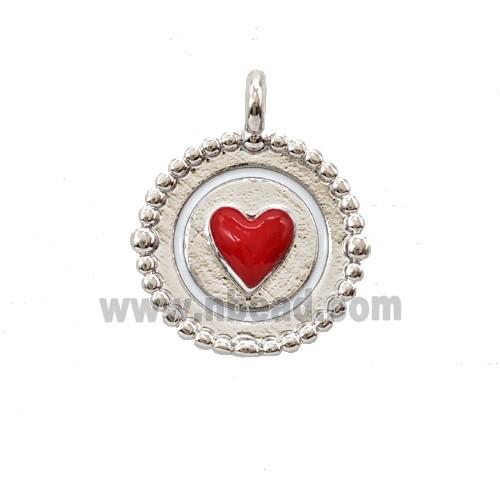 Copper Heart Pendant Red Enamel Circle Platinum Plated