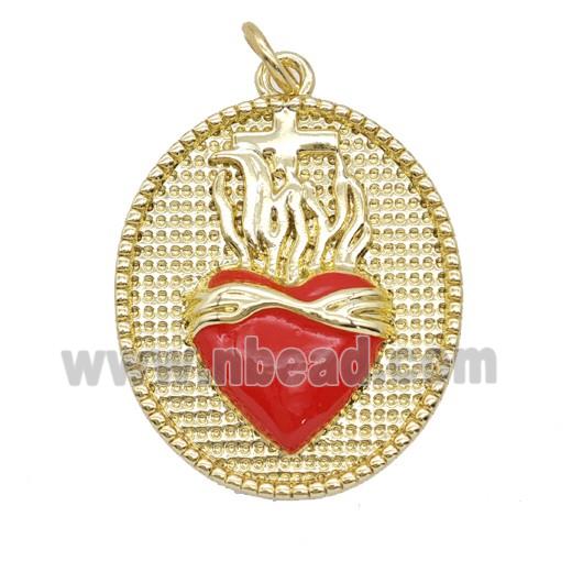 Copper Sacred Heart Pendant Red Enamel Oval Gold Plated