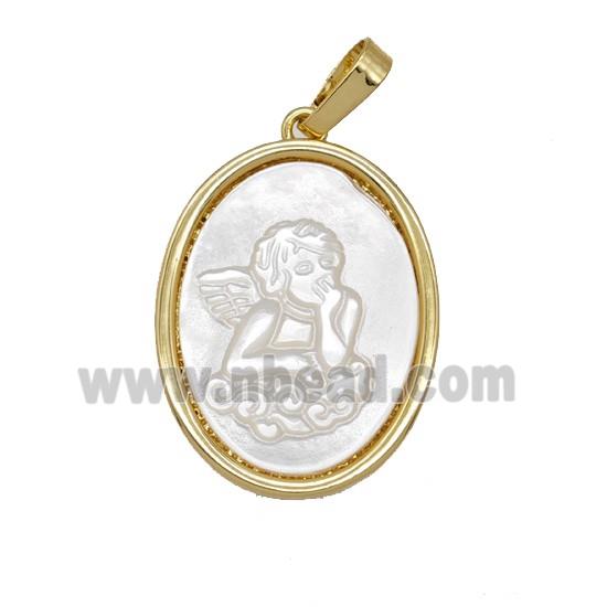 Copper Oval Pendant Pave Shell Angel 18K Gold Plated