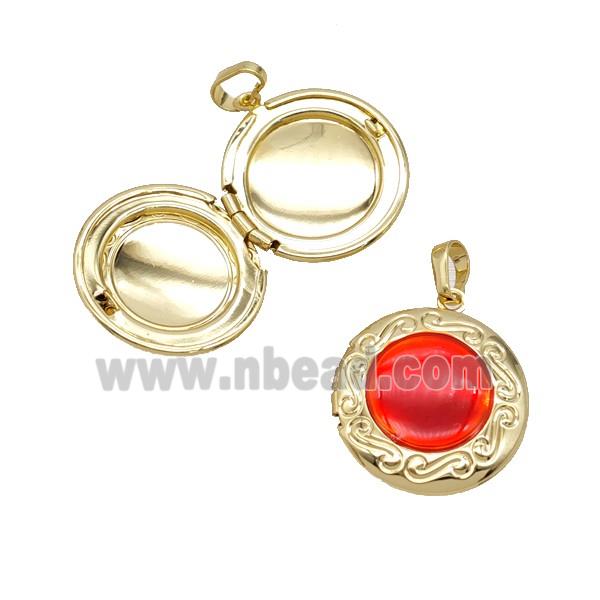 Copper Circle Locket Pendant Red Enamel 18K Gold Plated