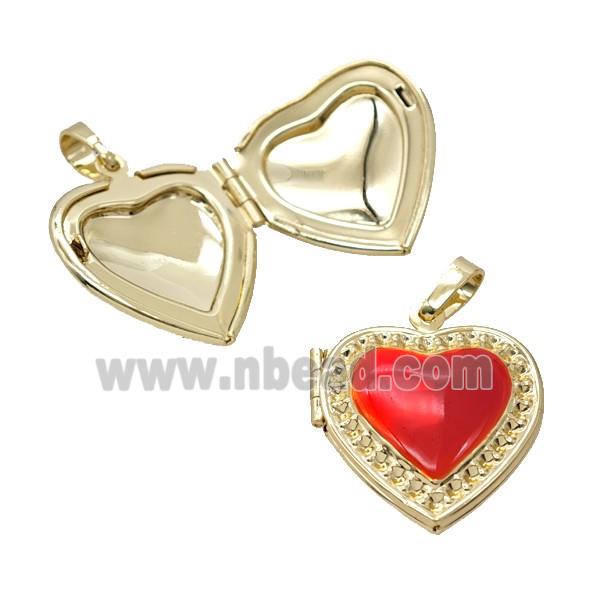 Copper Heart Locket Pendant Red Enamel 18K Gold Plated