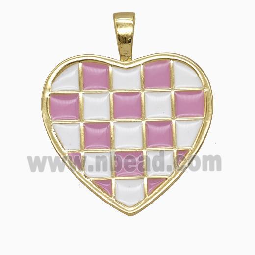 Copper Heart Pendant Pink White Enamel Checkerboard Grid Gold Plated