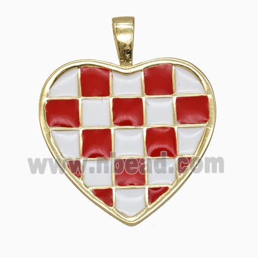 Copper Heart Pendant Red White Enamel Checkerboard Grid Gold Plated