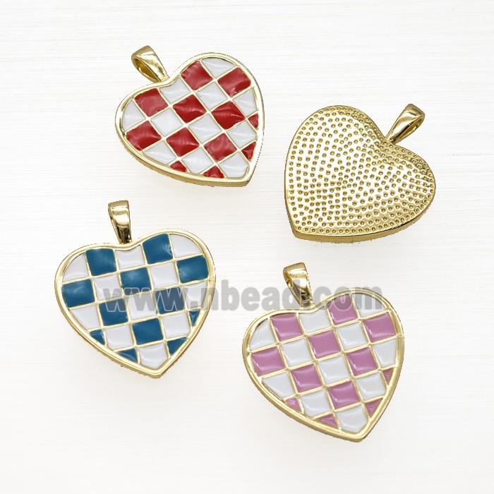 Copper Heart PendantEnamel Checkerboard Grid Gold Plated Mixed