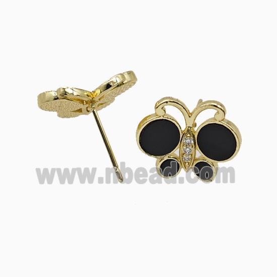 Copper earring studs Pave Zircon, Butterfly, Gold Plated
