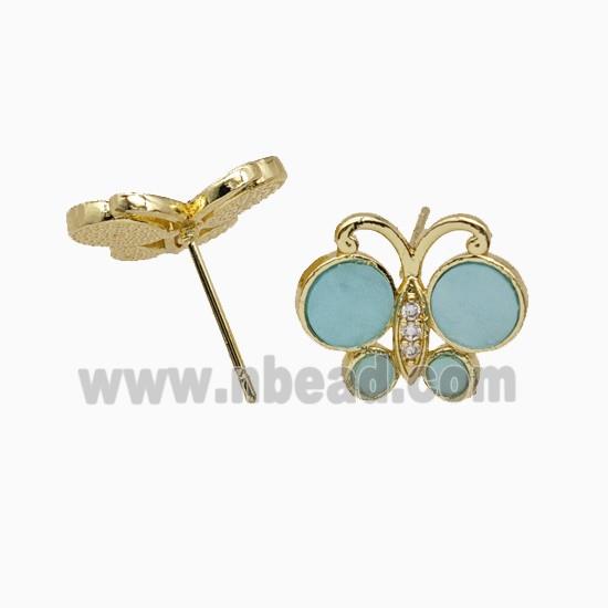 Copper earring studs Pave Zircon, Butterfly, Gold Plated