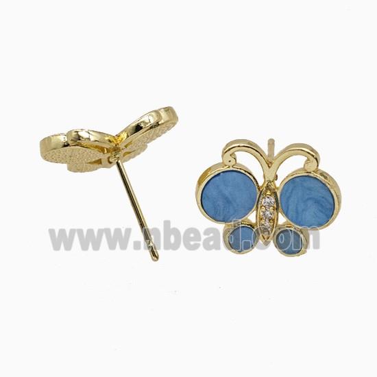 Copper earring studs Pave Zircon, Butterfly, Gold Plated