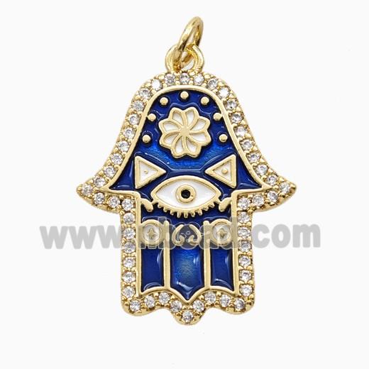 Copper Hamsahand Pendant Pave Zirconia Blue Enamel Gold Plated