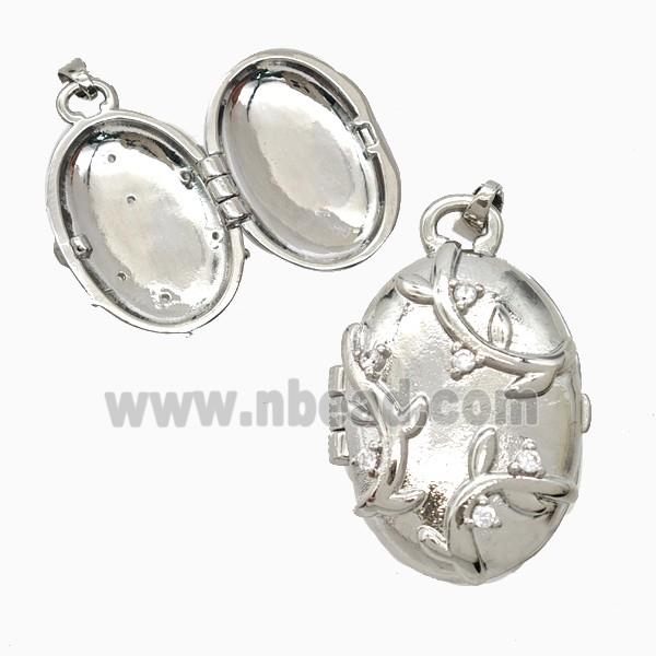 Copper Oval Locket Pendant Pave Zirconia Leaf Platinum Plated