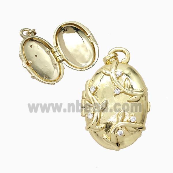 Copper Oval Locket Pendant Pave Zirconia Leaf Gold Plated