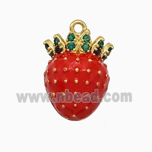 Copper Strawberry Pendant Micropave Zirconia Red Enamel Gold Plated
