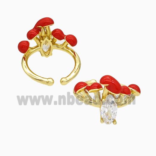 Copper Mushroom Rings Pave Zirconia Red Enamel Gold Plated