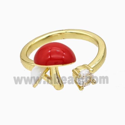 Copper Mushroom Rings Pave Zirconia Red Enamel Gold Plated
