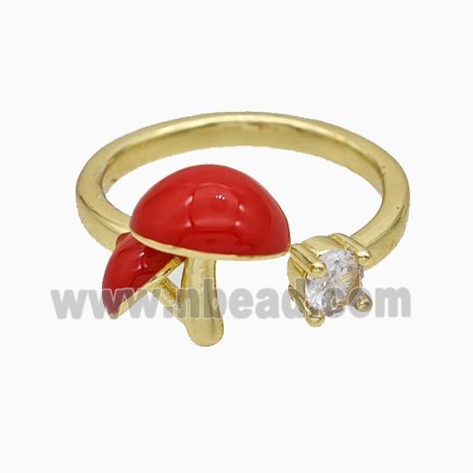 Copper Mushroom Rings Pave Zirconia Red Enamel Gold Plated