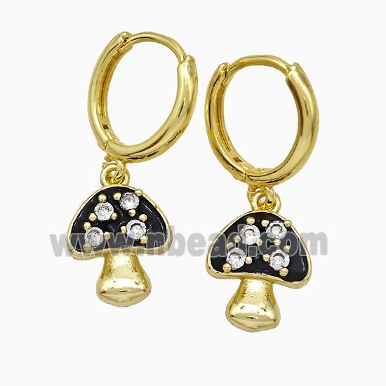 Copper Mushroom Hoop Earrings Pave Zirconia Black Enamel Gold Plated