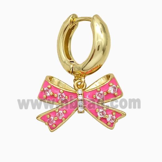 Copper Bowknot Hoop Earrings Pave Zirconia Pink Enamel Gold Plated