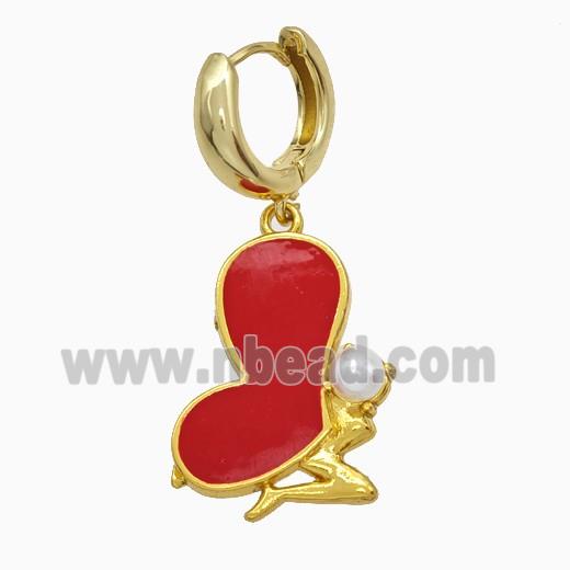 Copper Fairy Hoop Earrings Pave Pearlized Resin Red Enamel Gold Plated
