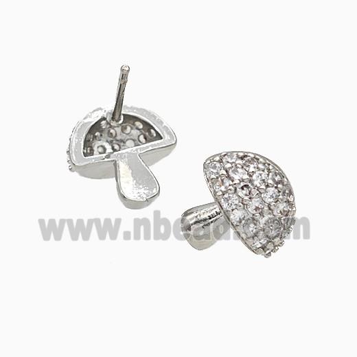 Copper Mushroom Stud Earrings Pave Zirconia Platinum Plated